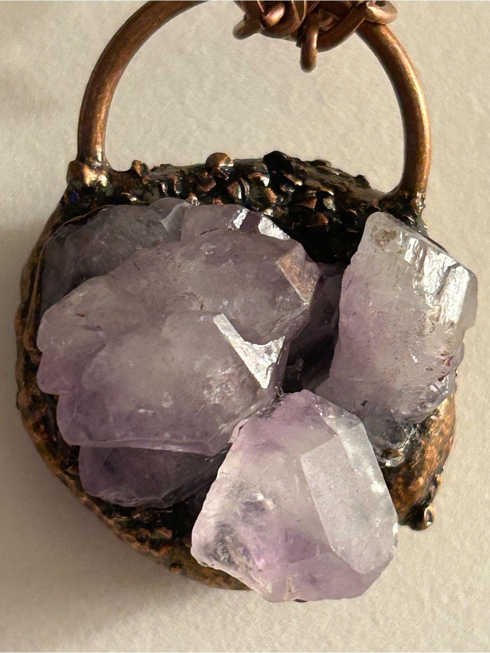 NWOT Necklace Artisan Amethyst crystals, Brutalist copper sculpture, chain - Picture 3 of 12